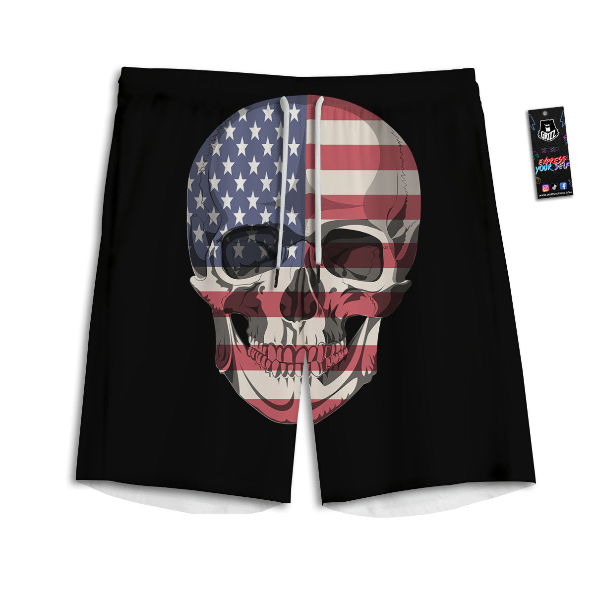 Skull American Flag Print Men's Athletic Shorts
