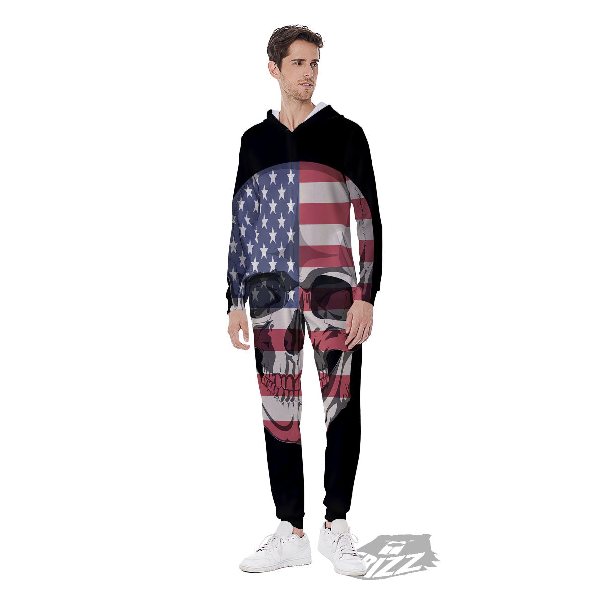 Skull American Flag Print Men's Jumpsuit-grizzshop