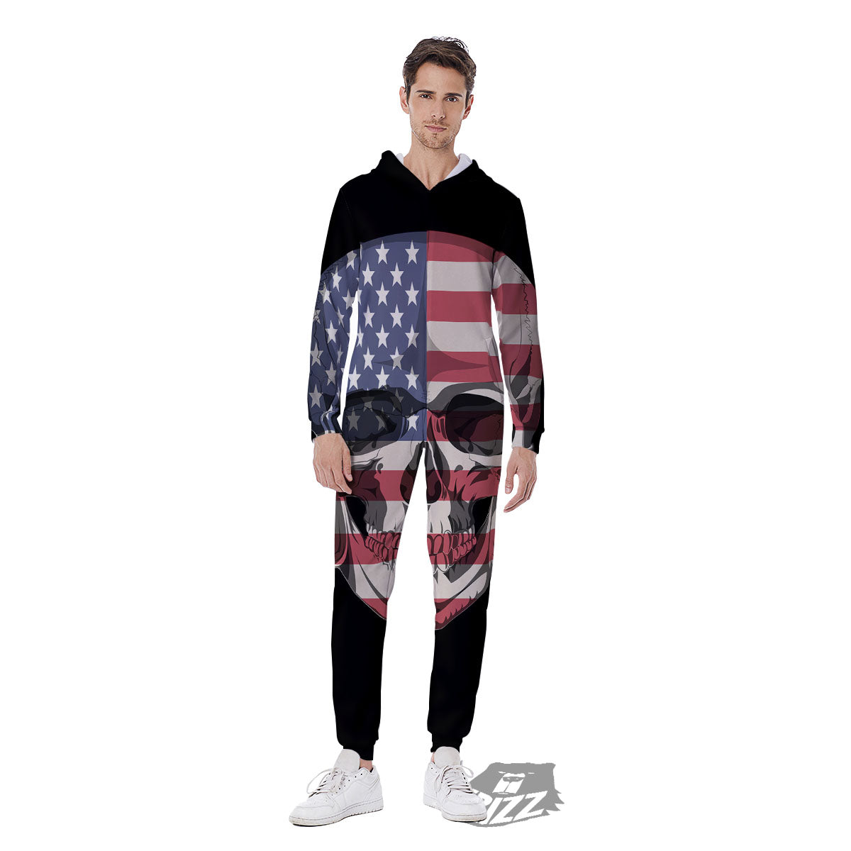 Skull American Flag Print Men's Jumpsuit-grizzshop