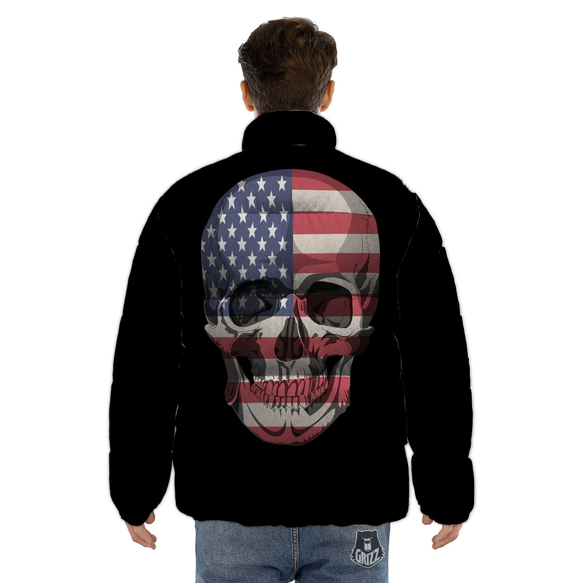 Skull American Flag Print Puffer Jacket-grizzshop