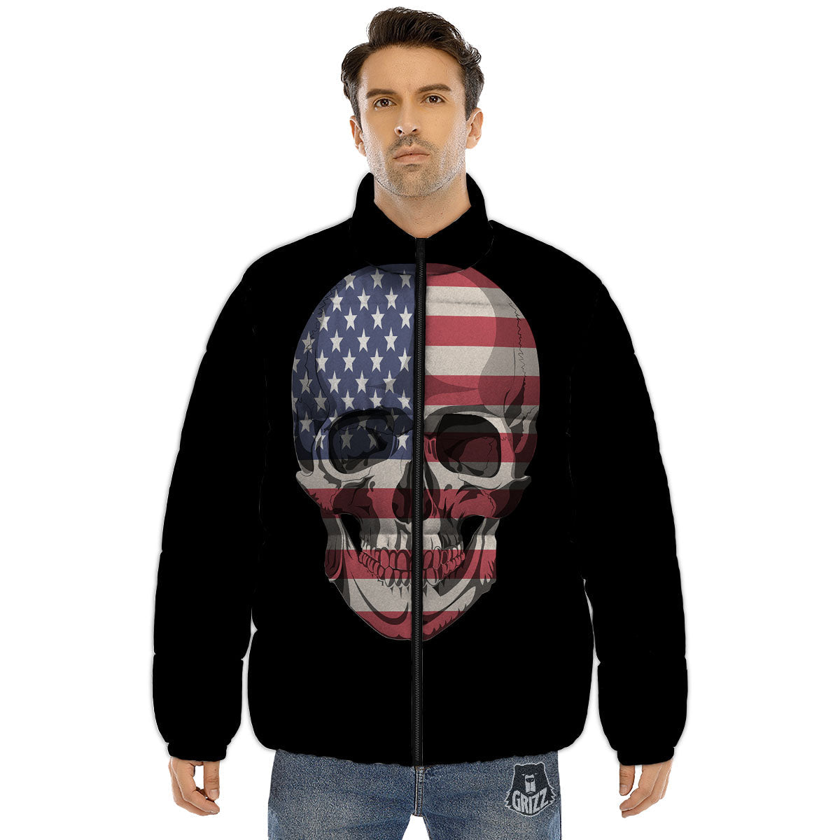Skull American Flag Print Puffer Jacket-grizzshop