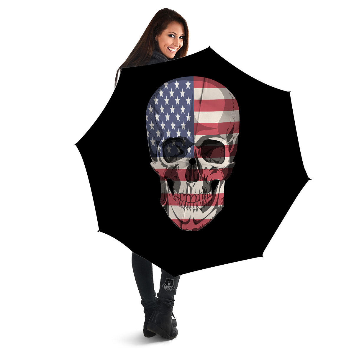 Skull American Flag Print Umbrella-grizzshop