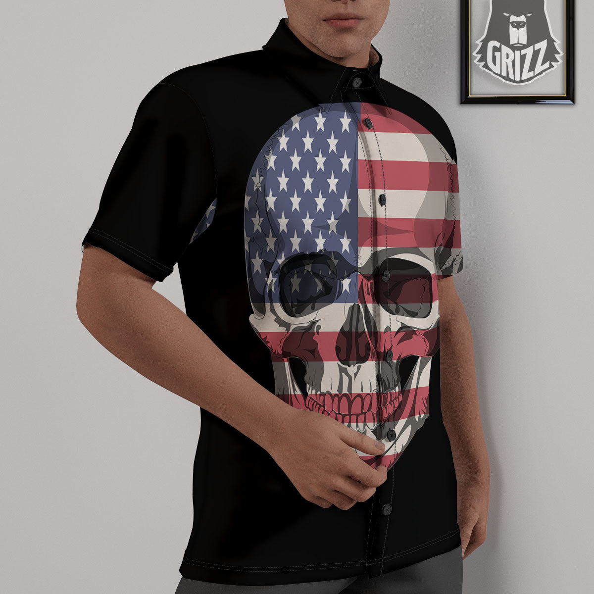 Skull American Flag Print Untucked Shirts-grizzshop