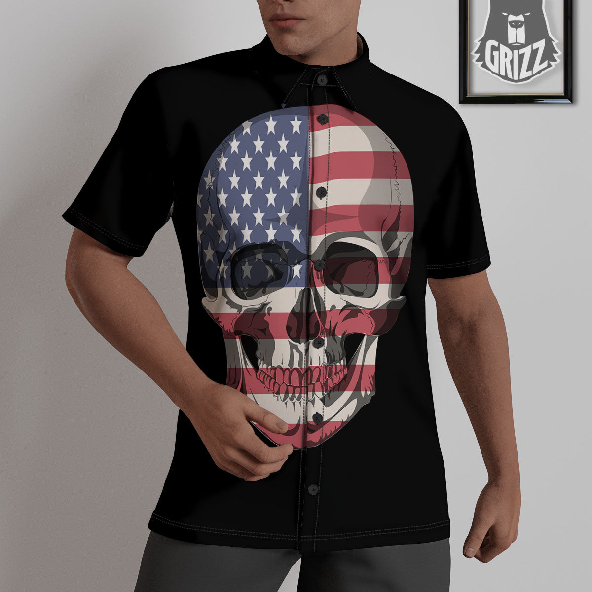 Skull American Flag Print Untucked Shirts-grizzshop