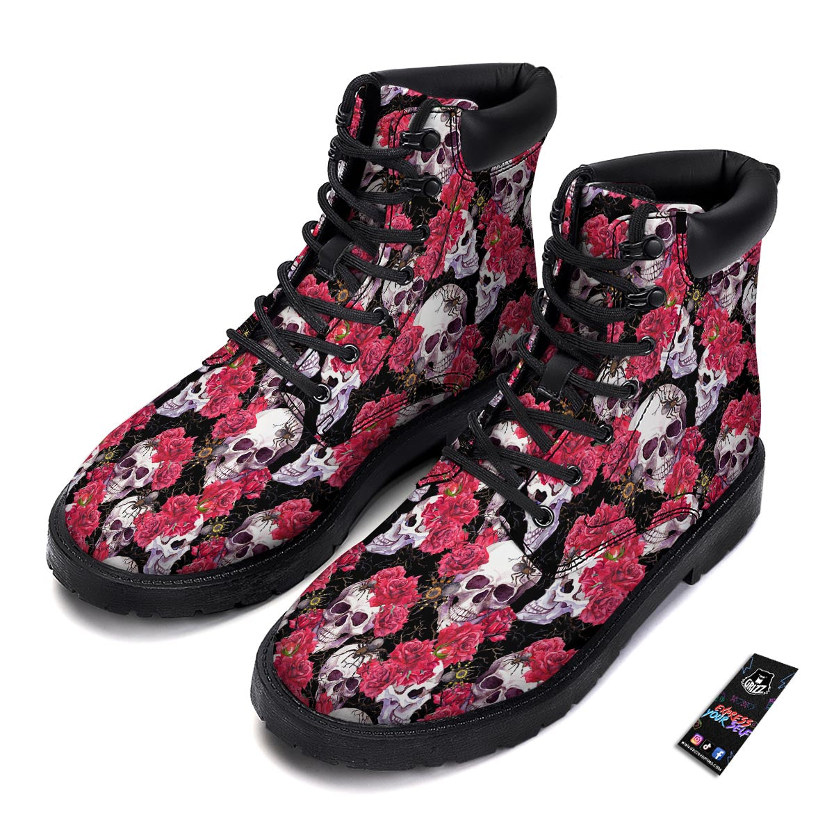 Skull And Rose Print Pattern Boots-grizzshop