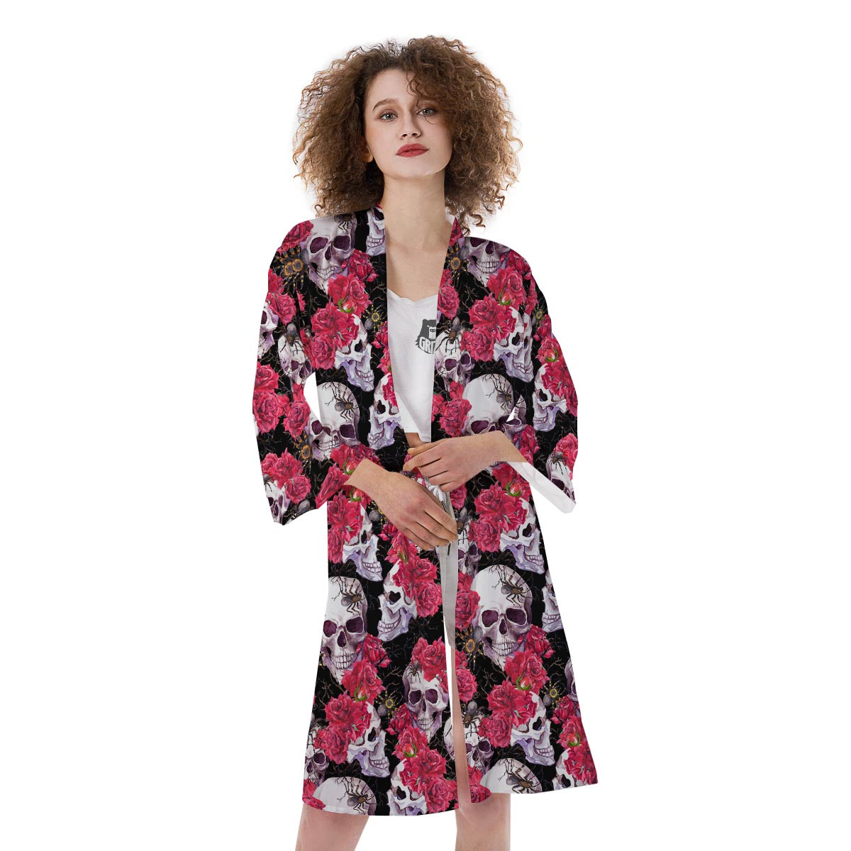 Skull And Rose Print Pattern Kimono-grizzshop