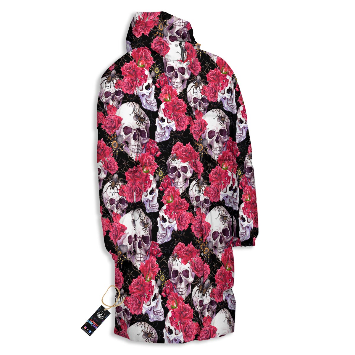 Skull And Rose Print Pattern Long Down Jacket-grizzshop