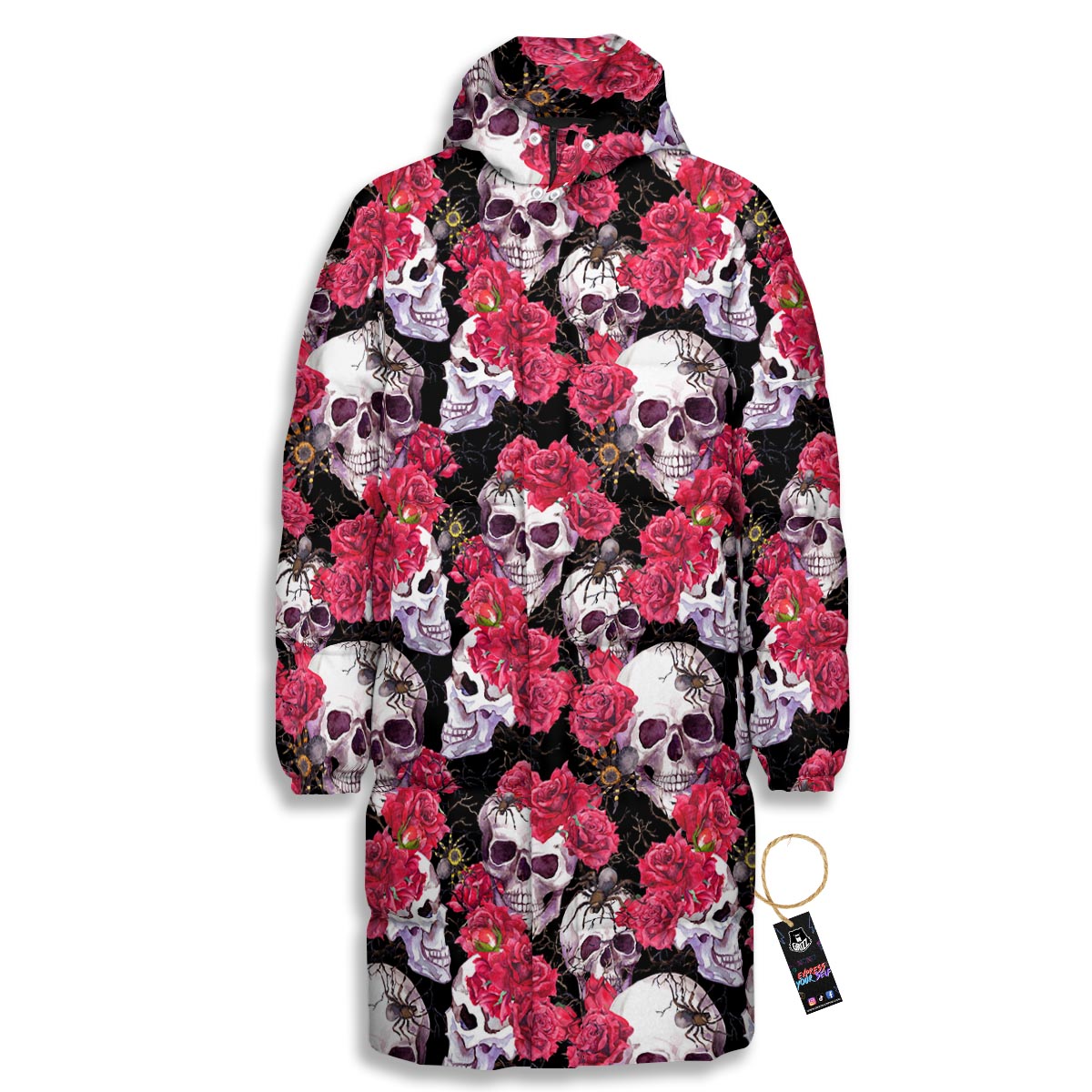 Skull And Rose Print Pattern Long Down Jacket-grizzshop