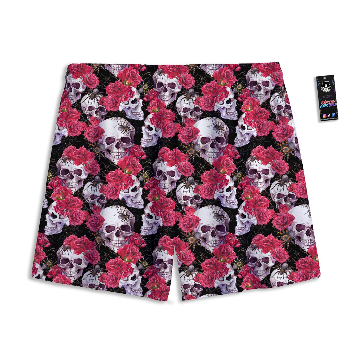 Skull And Rose Print Pattern Mesh Shorts