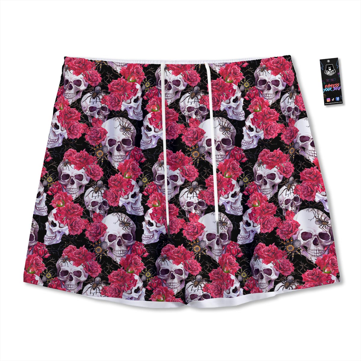 Skull And Rose Print Pattern Mesh Shorts