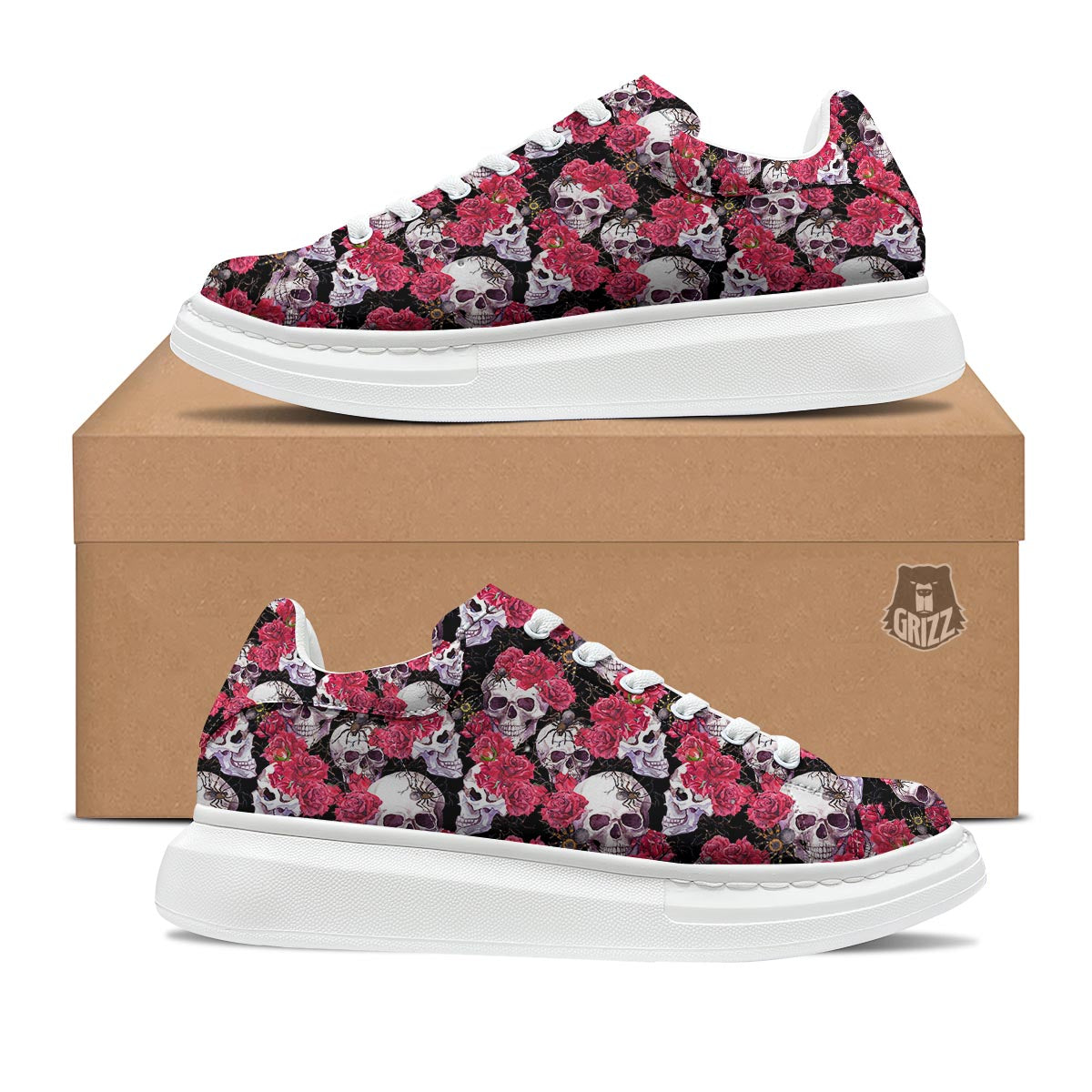Skull And Rose Print Pattern Platform Shoes-grizzshop
