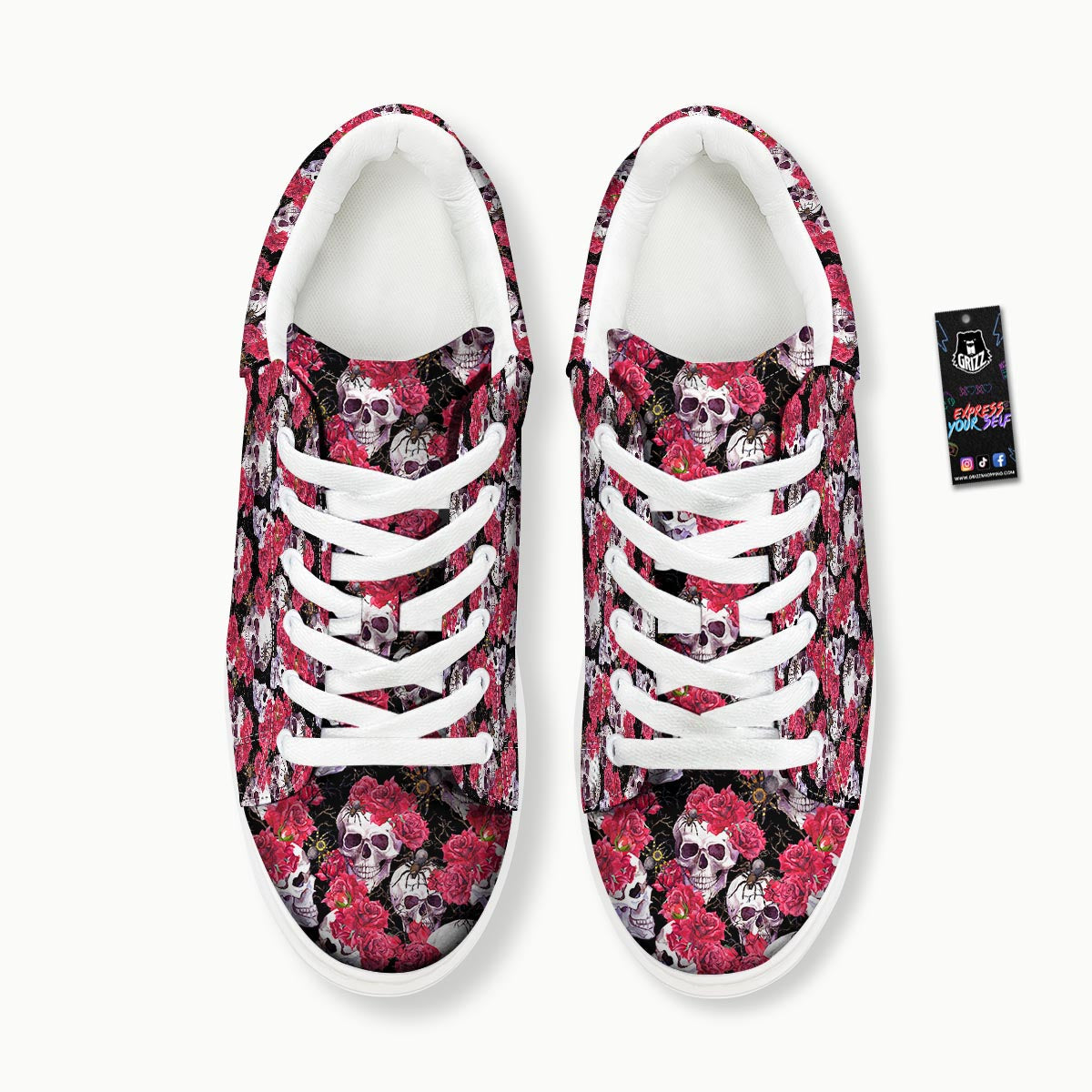 Skull And Rose Print Pattern Platform Shoes-grizzshop