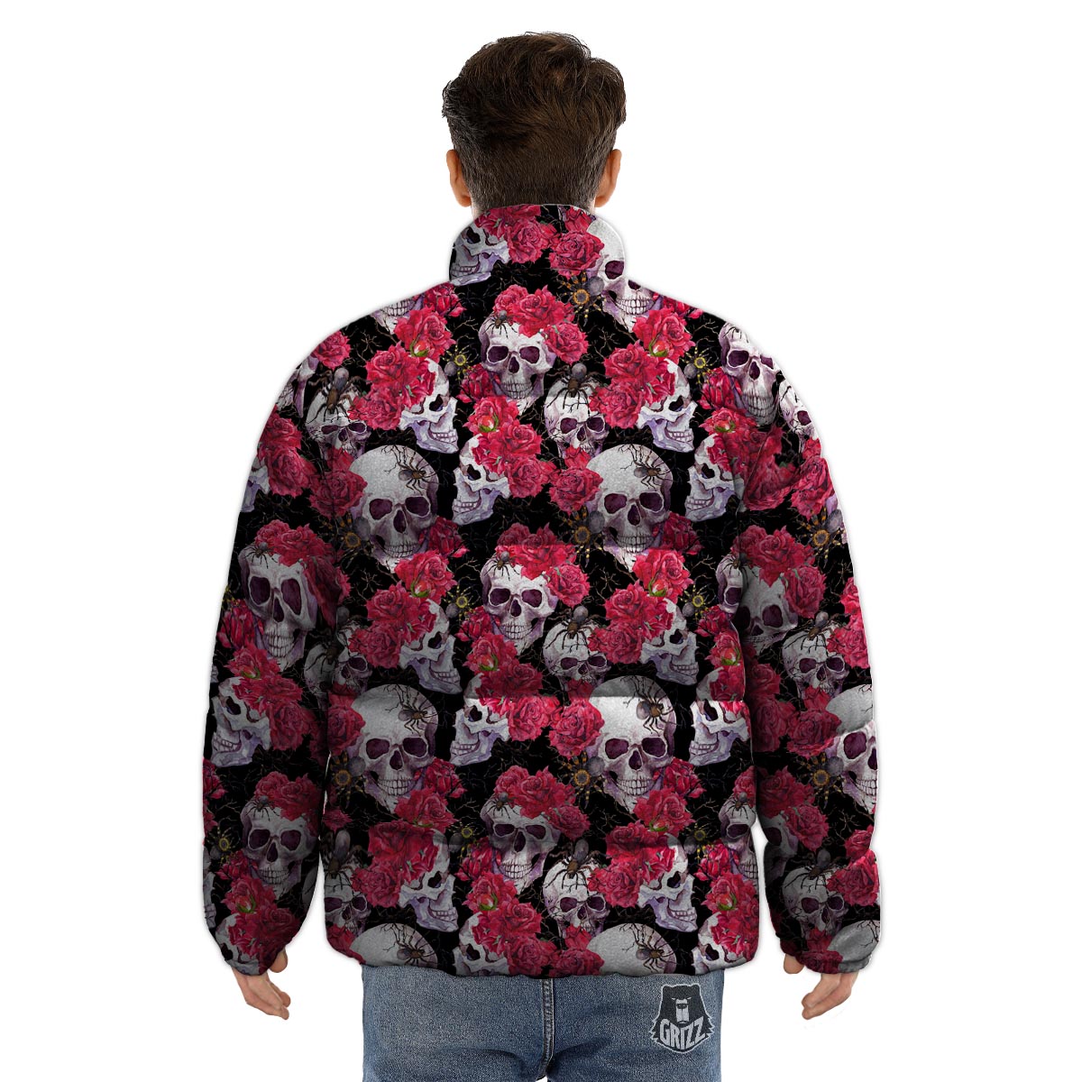 Skull And Rose Print Pattern Puffer Jacket-grizzshop