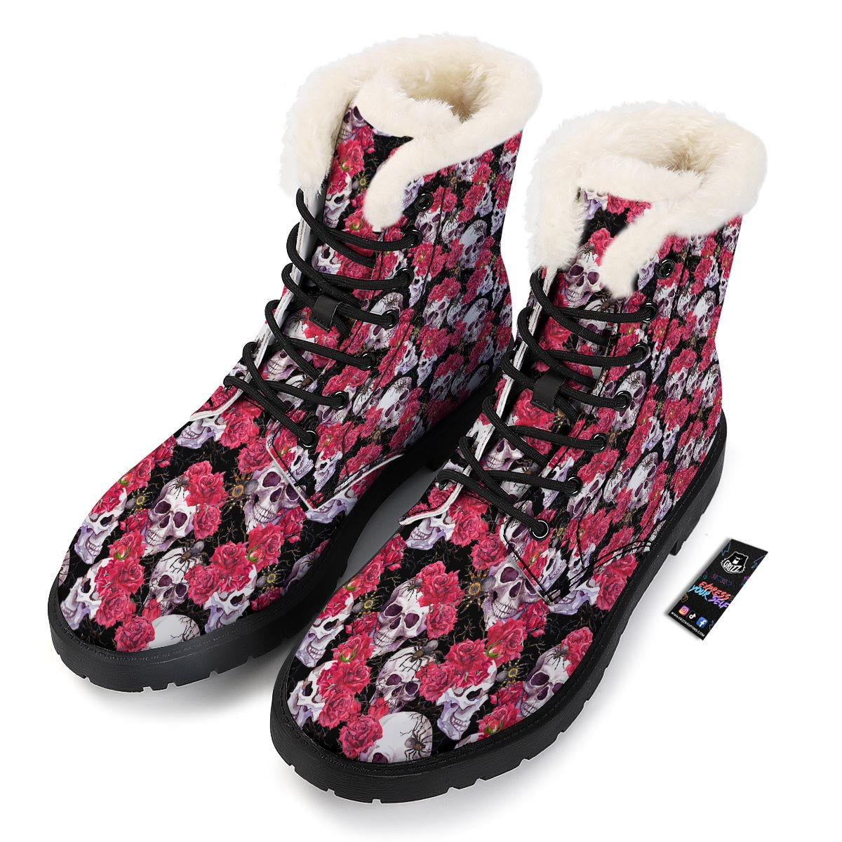Skull And Rose Print Pattern Winter Boots-grizzshop