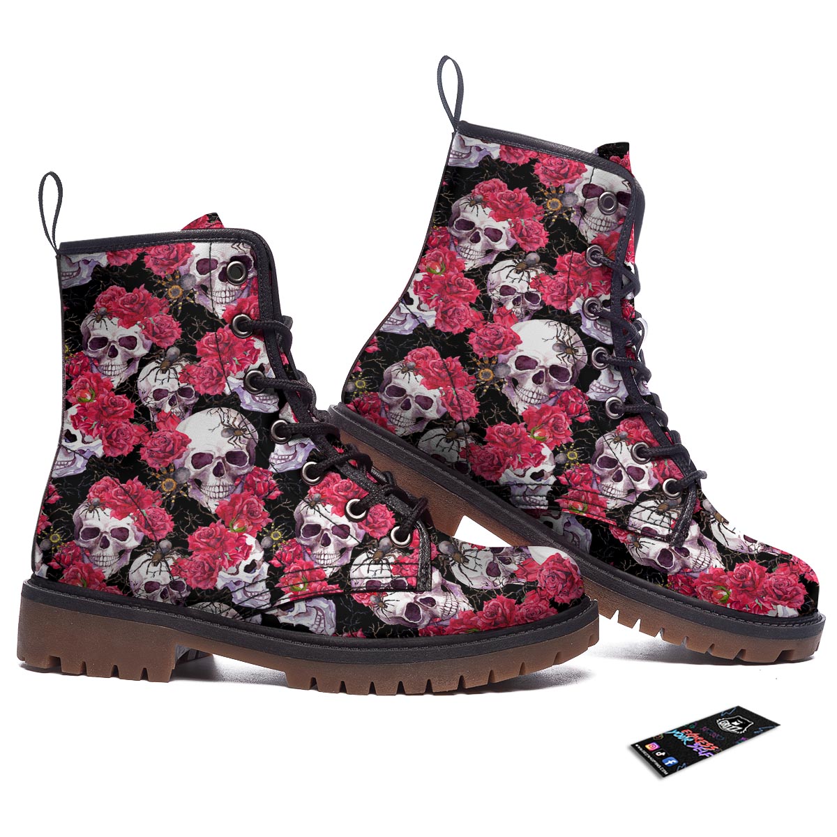 Skull And Rose Print Pattern Work Boots-grizzshop