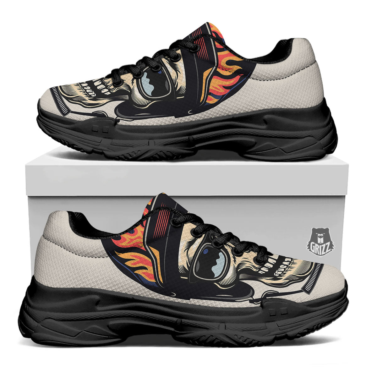 Skull Biker Helmet Vintage Print Black Chunky Shoes-grizzshop