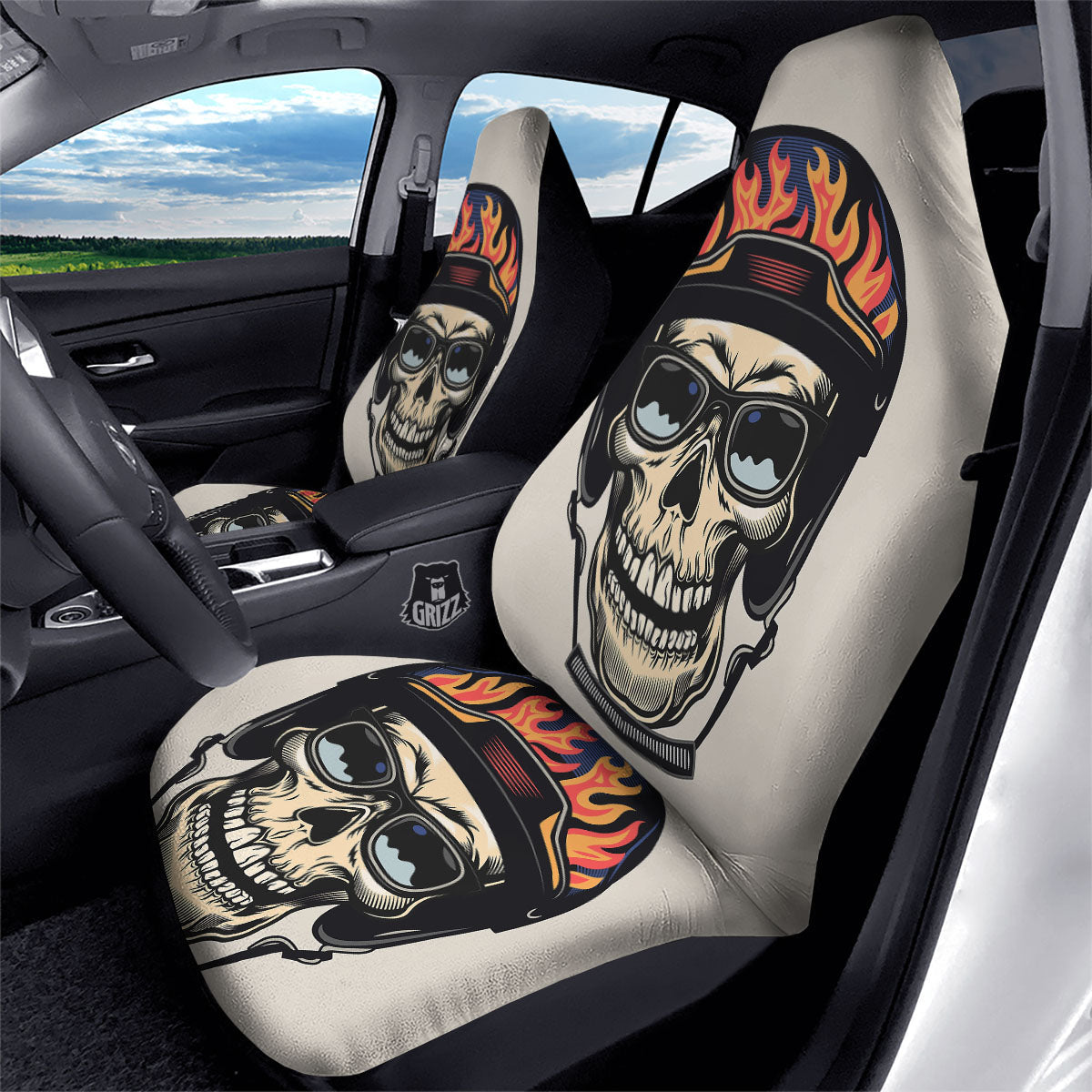 Skull Biker Helmet Vintage Print Car Seat Covers-grizzshop