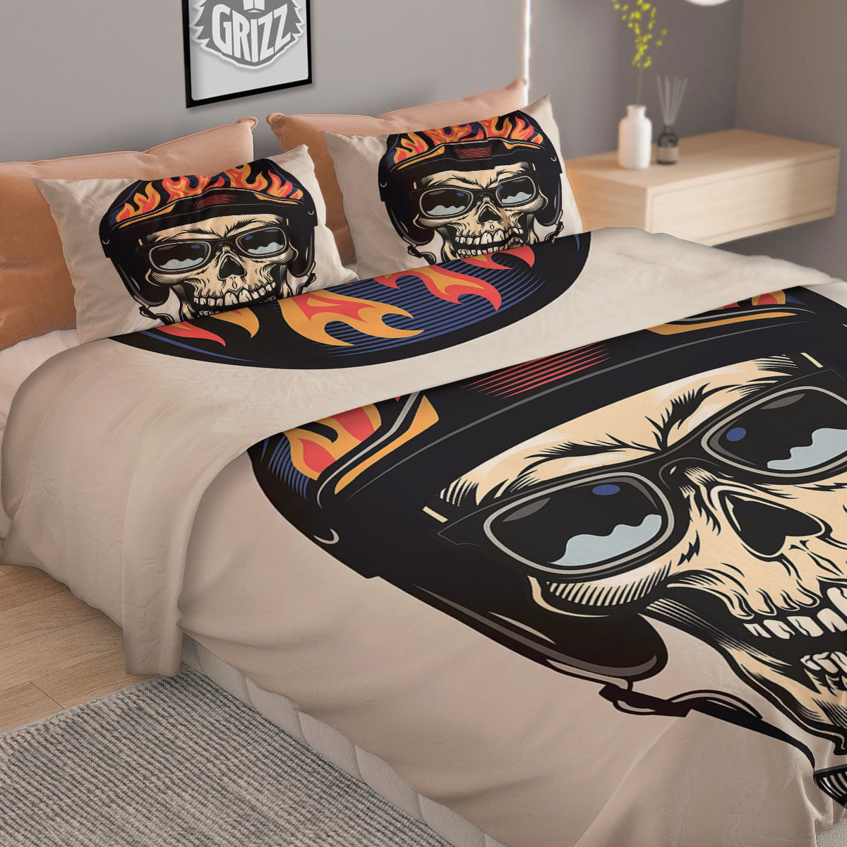 Skull Biker Helmet Vintage Print Duvet Cover Bedding Set
