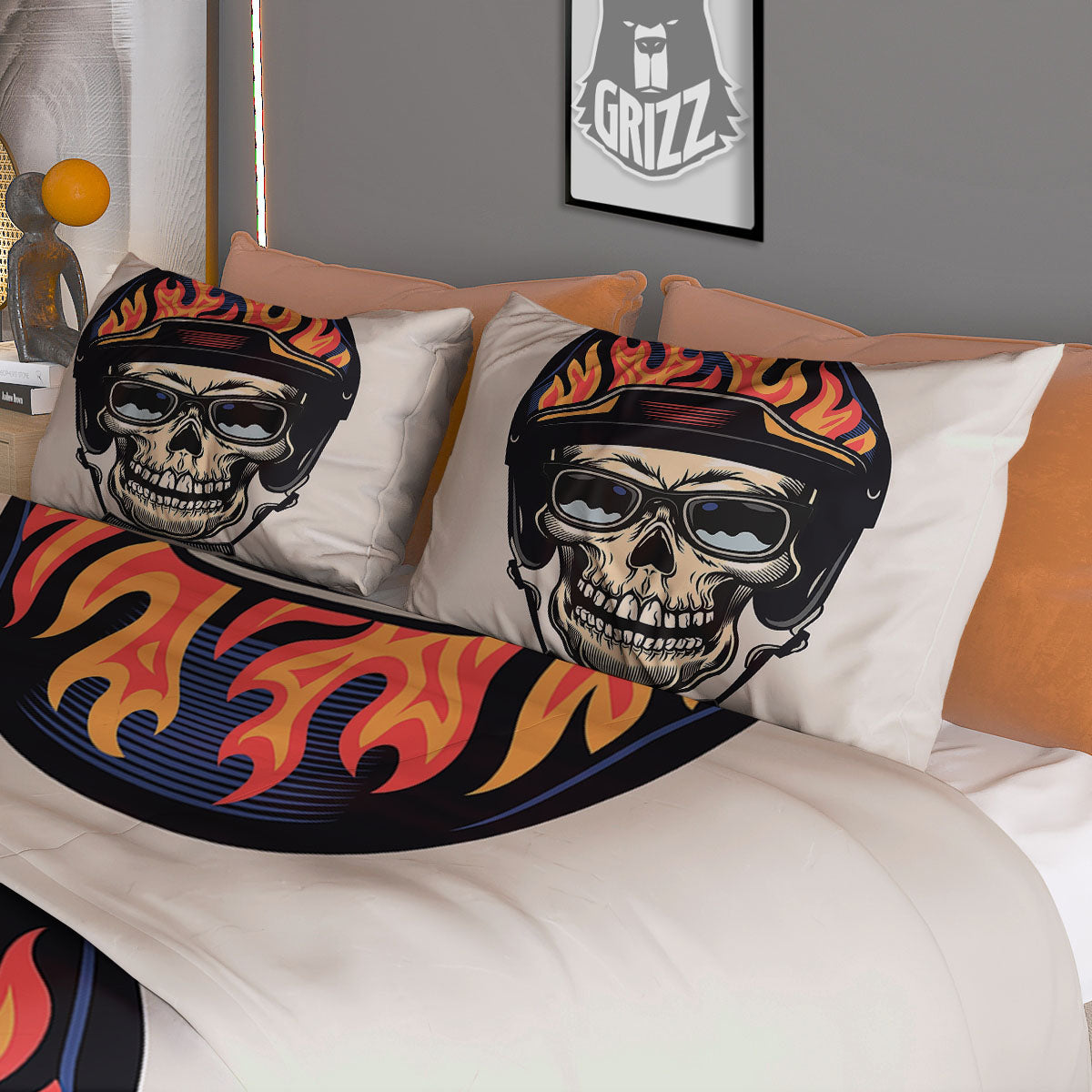 Skull Biker Helmet Vintage Print Duvet Cover Bedding Set