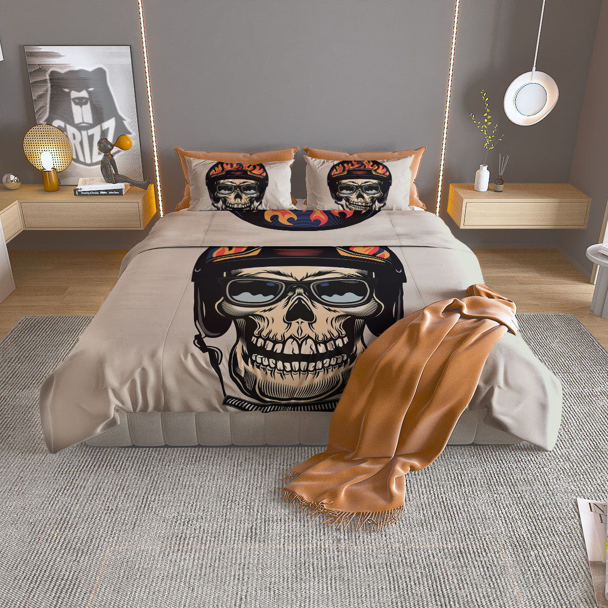 Skull Biker Helmet Vintage Print Duvet Cover Bedding Set
