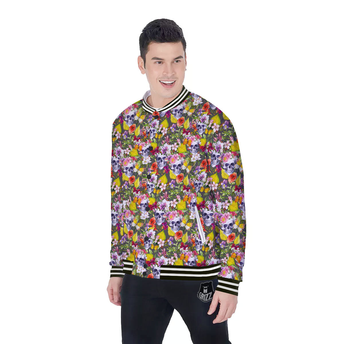 Skull Blossom Flowers Print Pattern Baseball Jacket-grizzshop