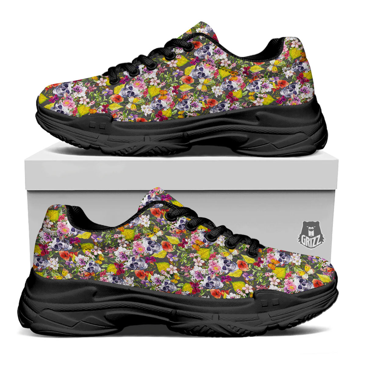 Skull Blossom Flowers Print Pattern Black Chunky Shoes-grizzshop