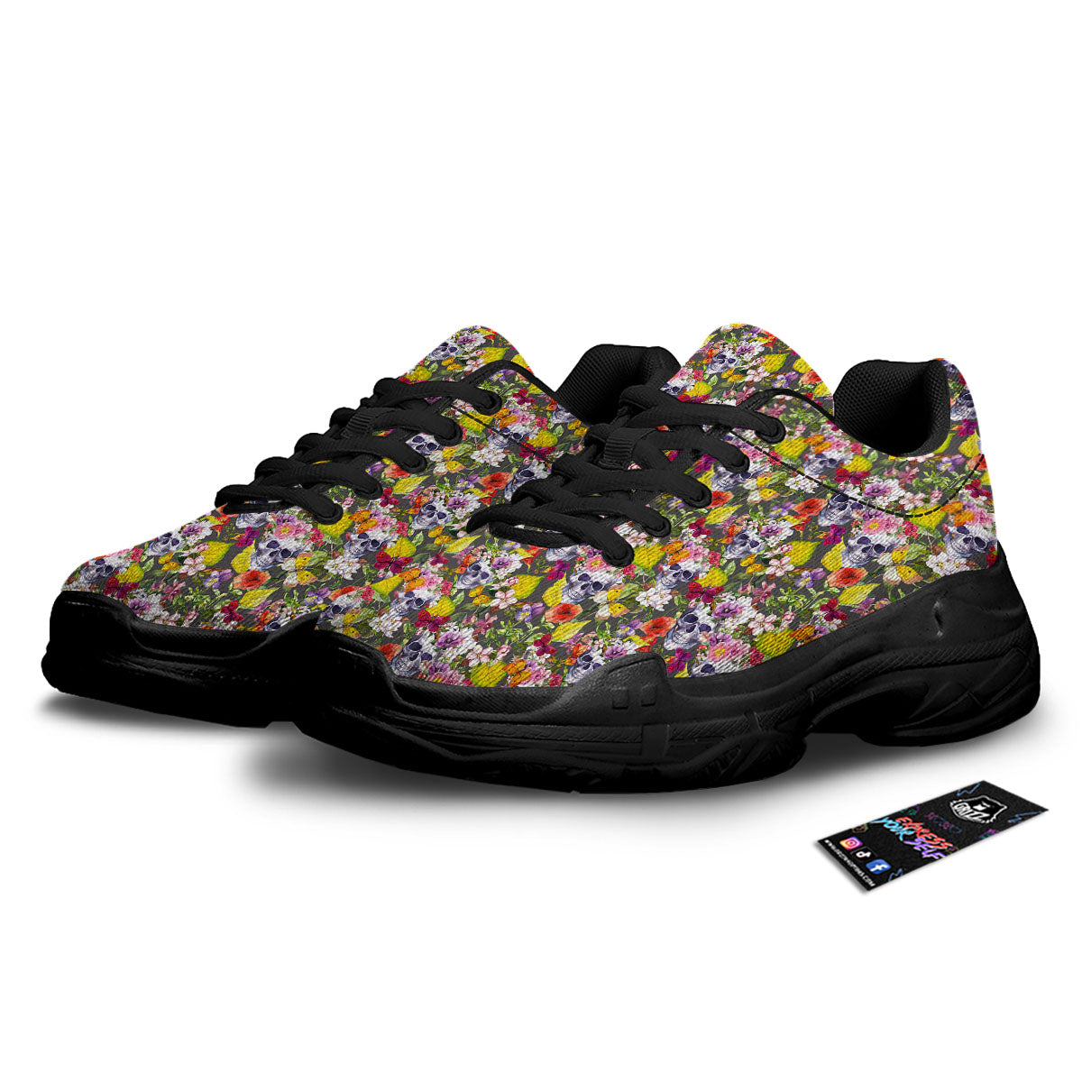 Skull Blossom Flowers Print Pattern Black Chunky Shoes-grizzshop