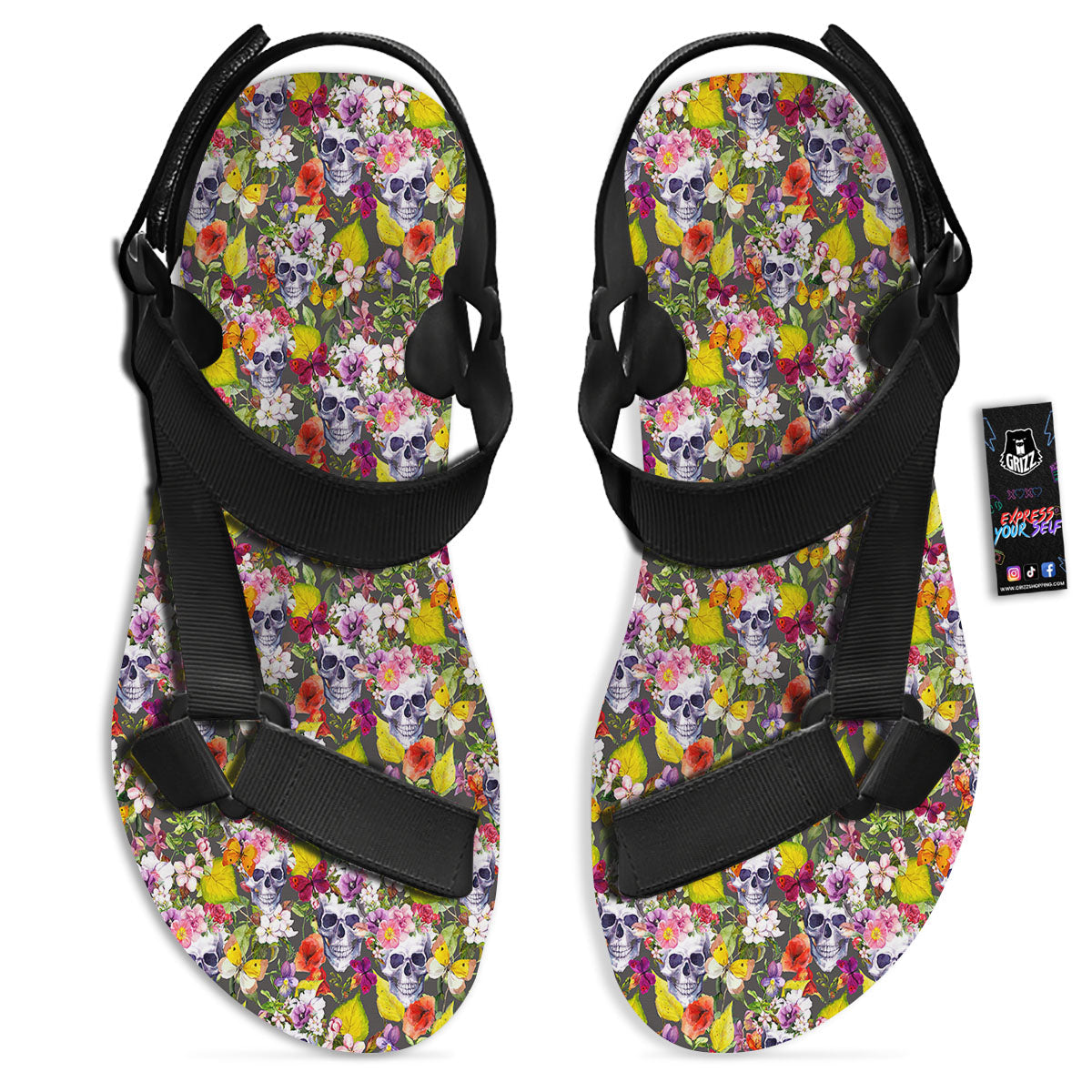 Skull Blossom Flowers Print Pattern Black Open Toe Sandals-grizzshop