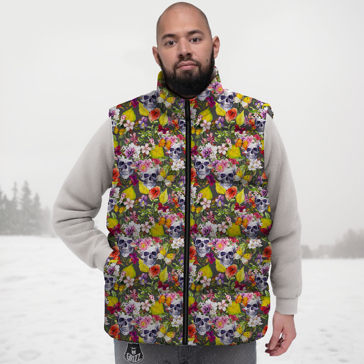 Skull Blossom Flowers Print Pattern Down Vest