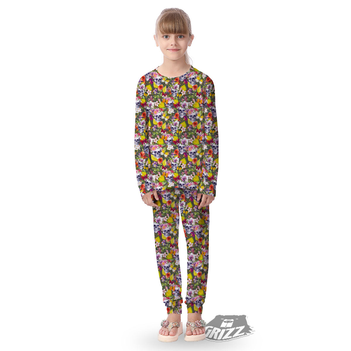 Skull Blossom Flowers Print Pattern Kid's Pajamas-grizzshop