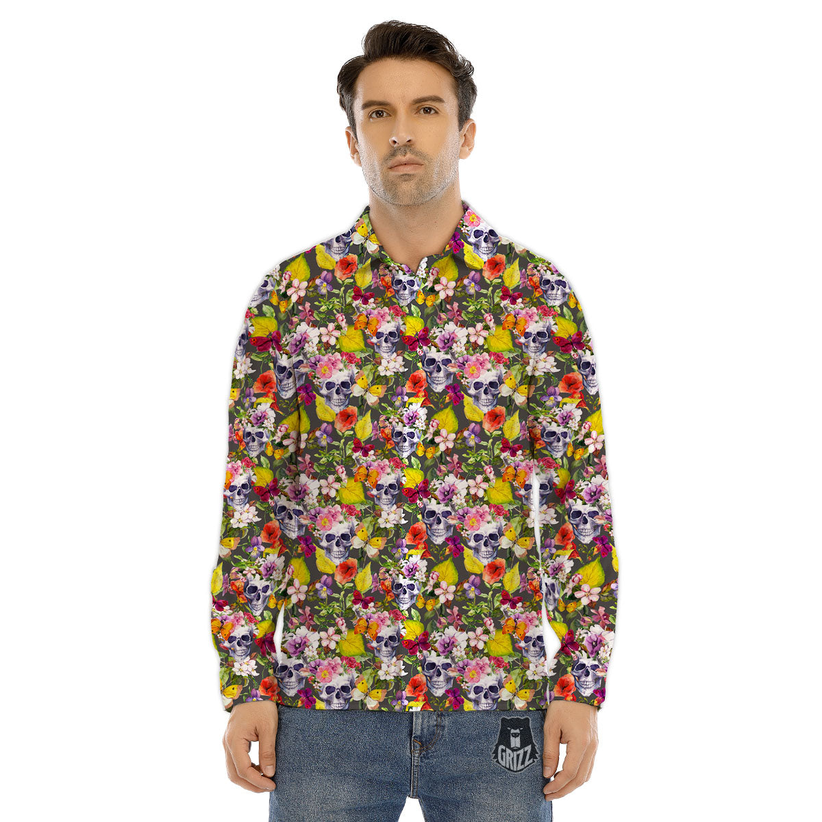 Skull Blossom Flowers Print Pattern Men's Dress Shirts-grizzshop