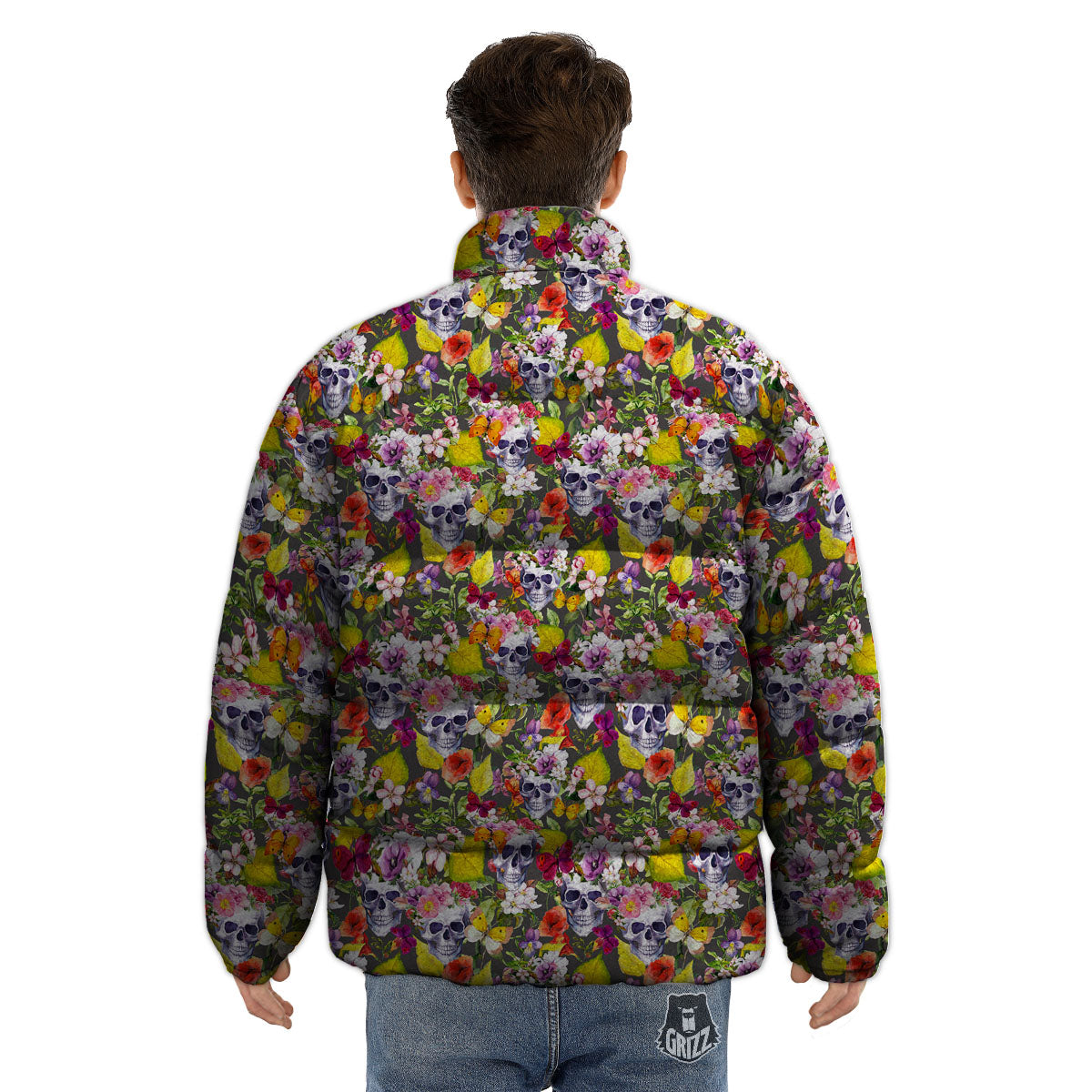 Skull Blossom Flowers Print Pattern Puffer Jacket-grizzshop