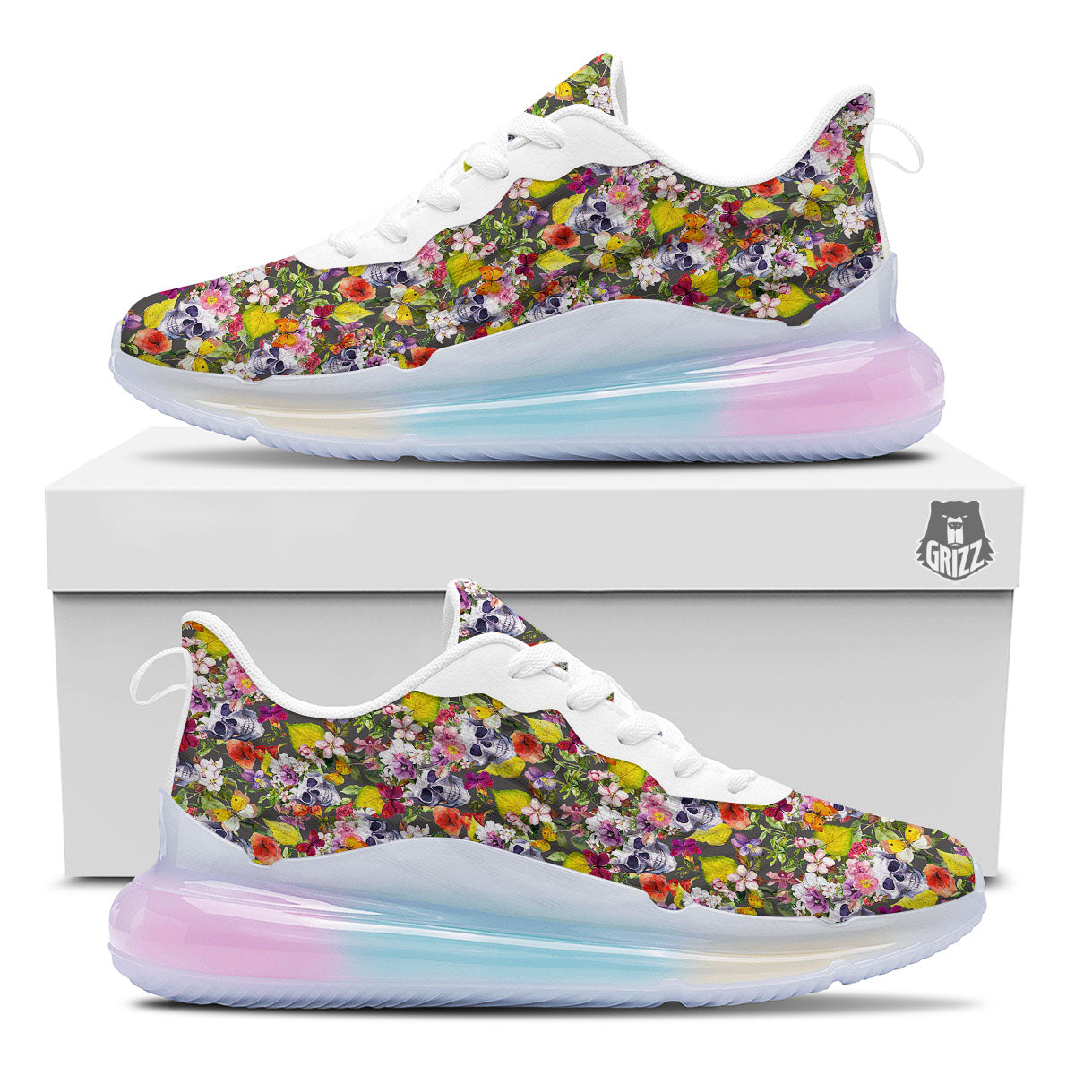 Skull Blossom Flowers Print Pattern Running Sneakers-grizzshop