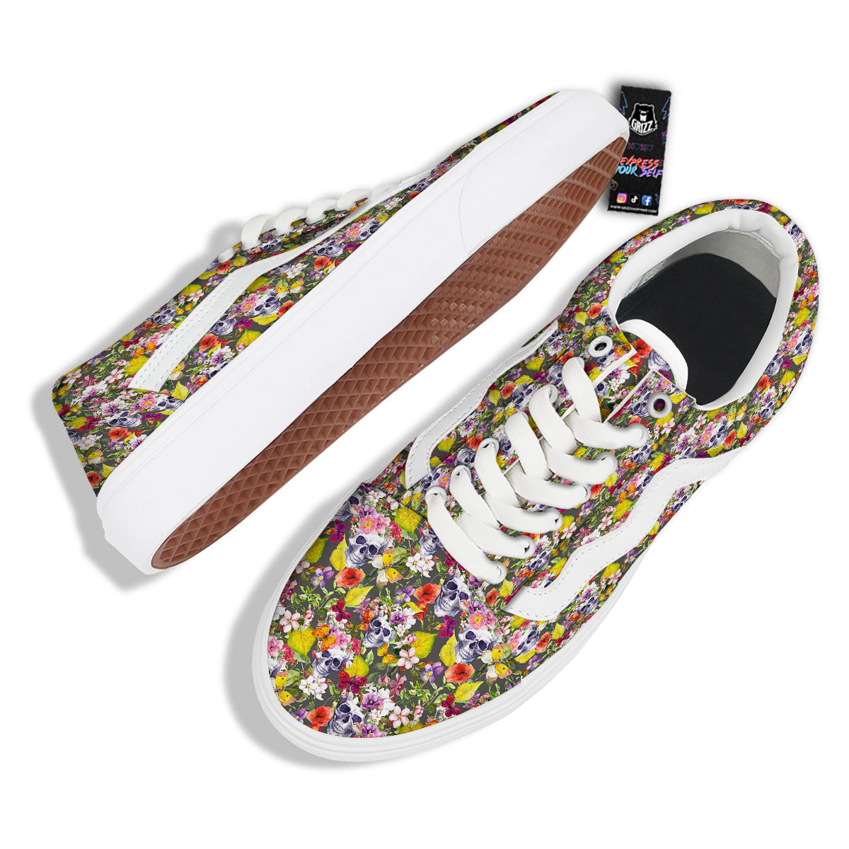 Skull Blossom Flowers Print Pattern Skate Shoes-grizzshop