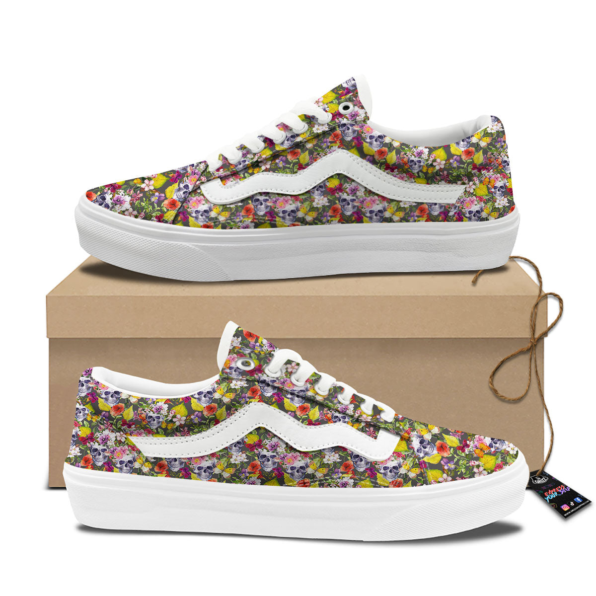 Skull Blossom Flowers Print Pattern Skate Shoes-grizzshop
