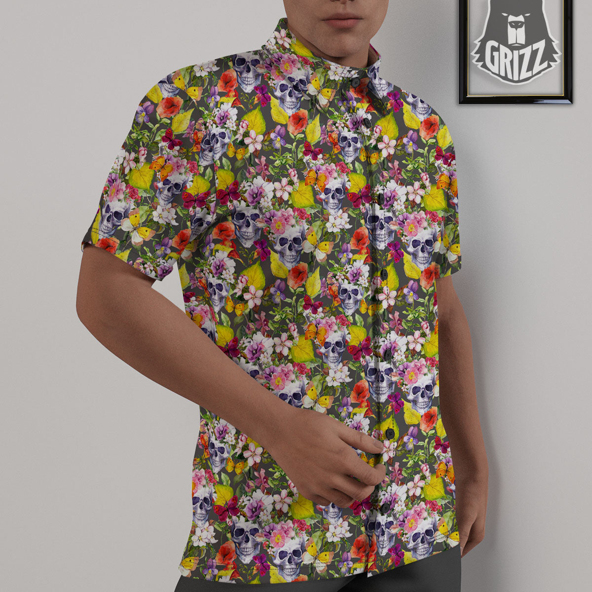 Skull Blossom Flowers Print Pattern Untucked Shirts-grizzshop