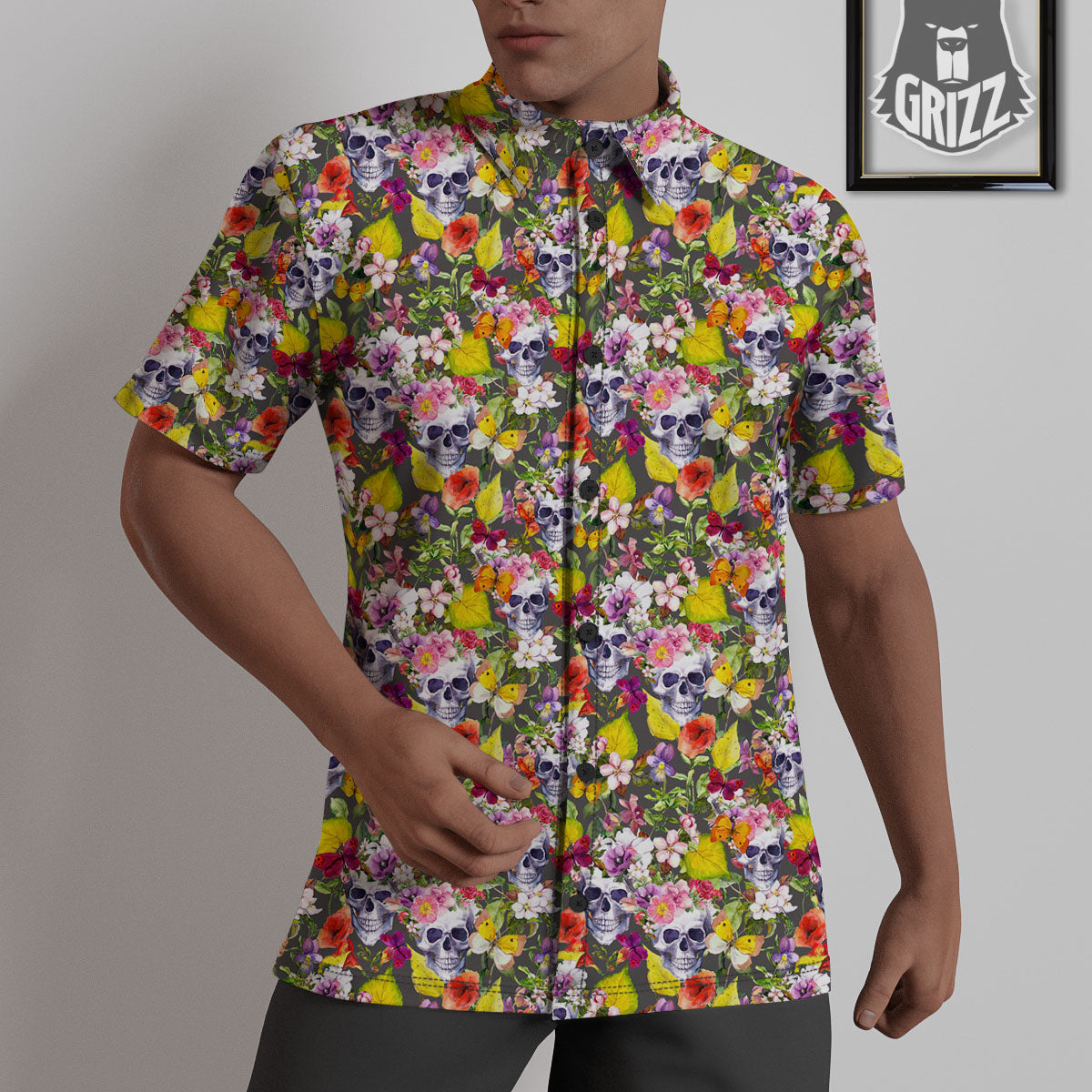 Skull Blossom Flowers Print Pattern Untucked Shirts-grizzshop
