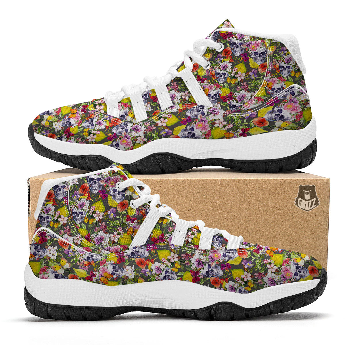 Skull Blossom Flowers Print Pattern White Bball Shoes-grizzshop