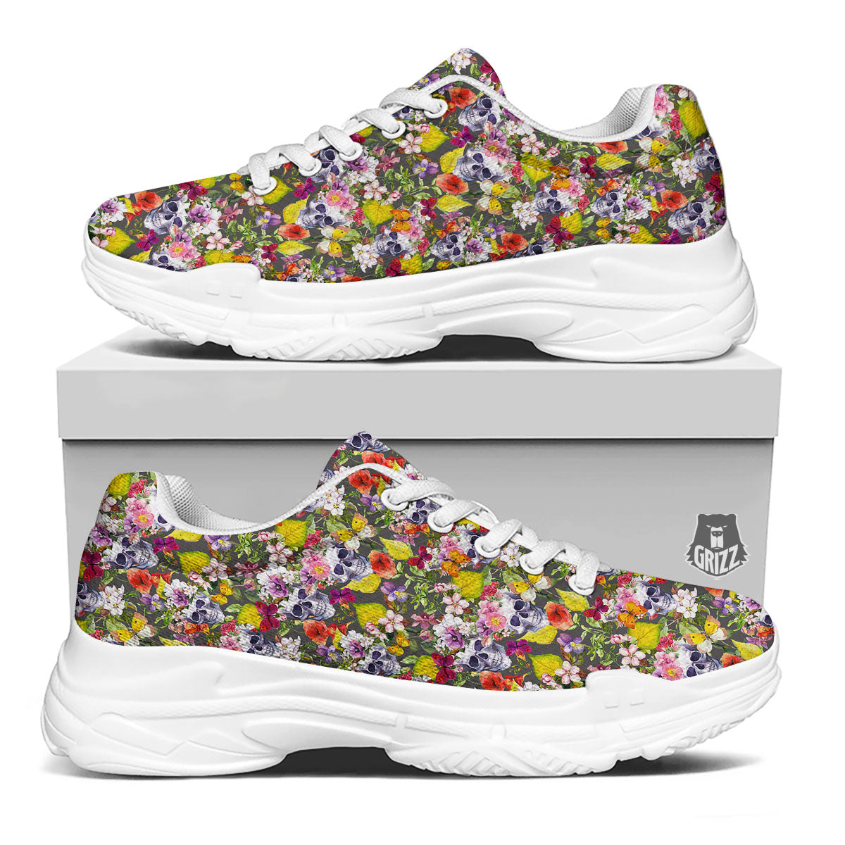 Skull Blossom Flowers Print Pattern White Chunky Shoes-grizzshop