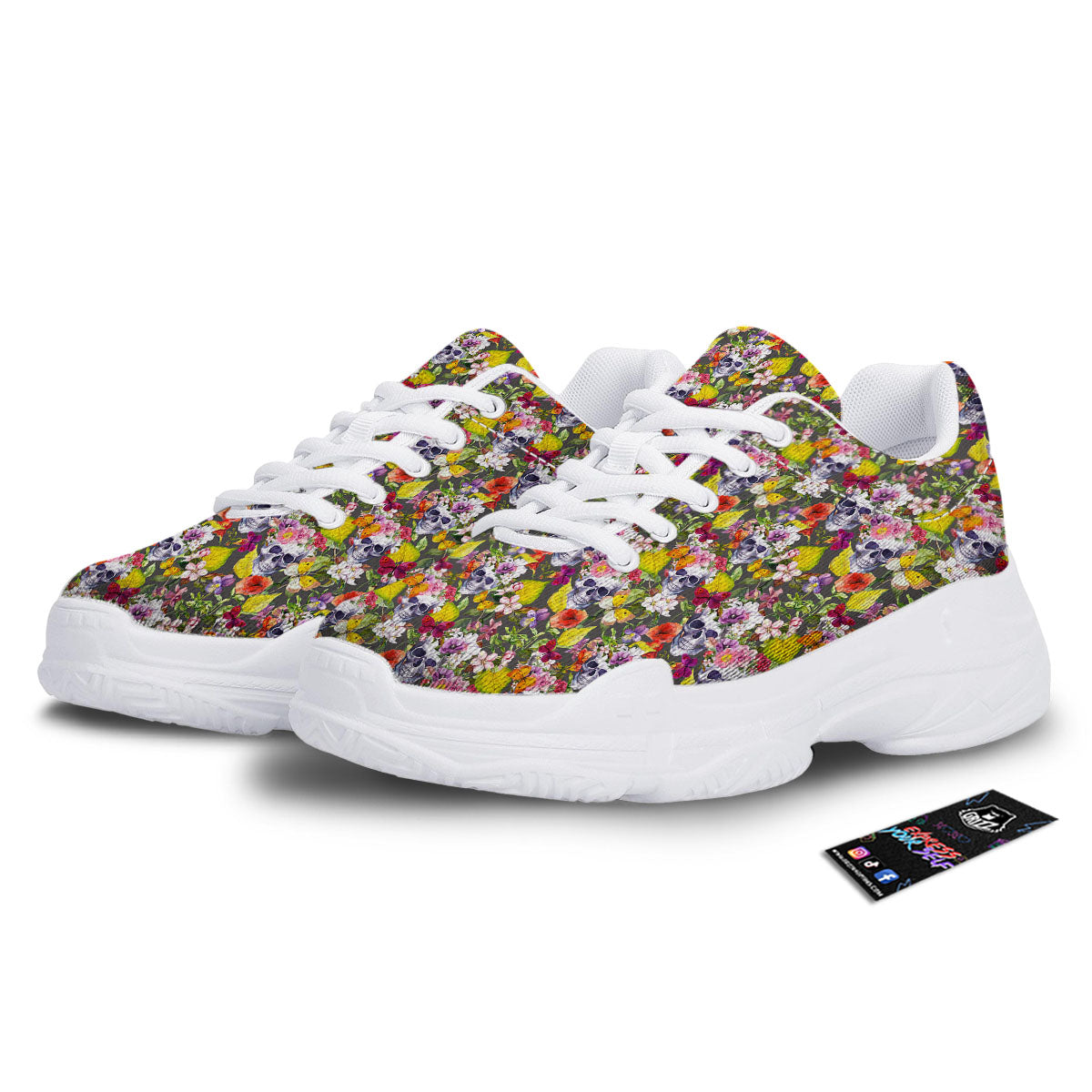 Skull Blossom Flowers Print Pattern White Chunky Shoes-grizzshop