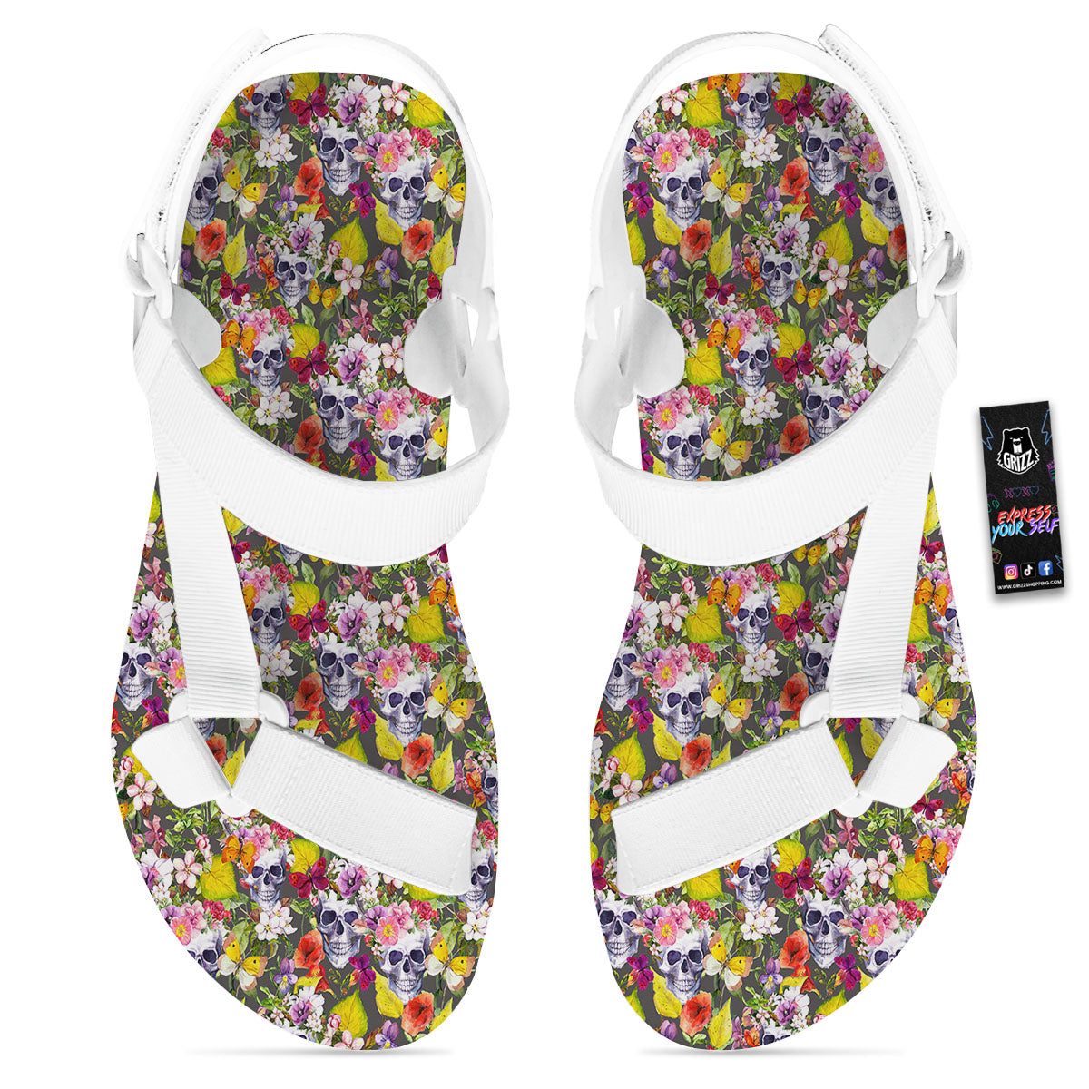 Skull Blossom Flowers Print Pattern White Open Toe Sandals-grizzshop