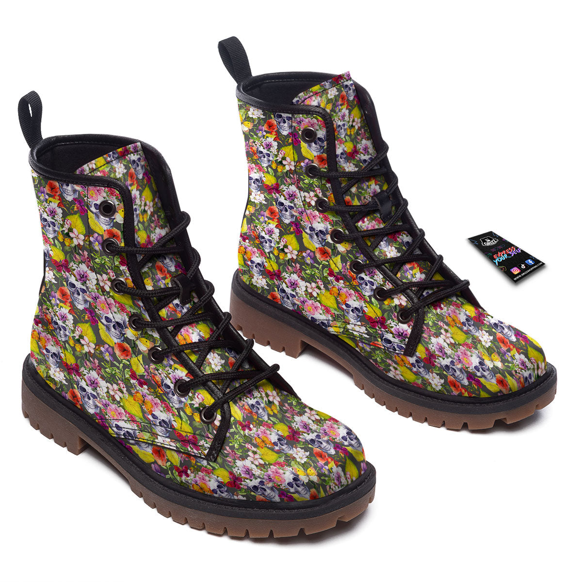 Skull Blossom Flowers Print Pattern Work Boots-grizzshop