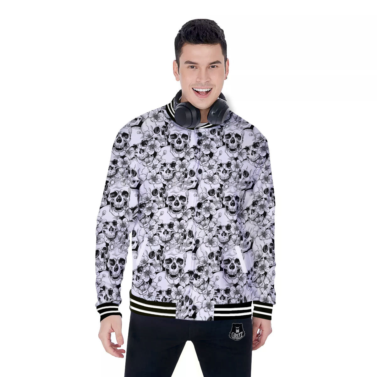 Skull Blossom Peony Print Pattern Baseball Jacket-grizzshop