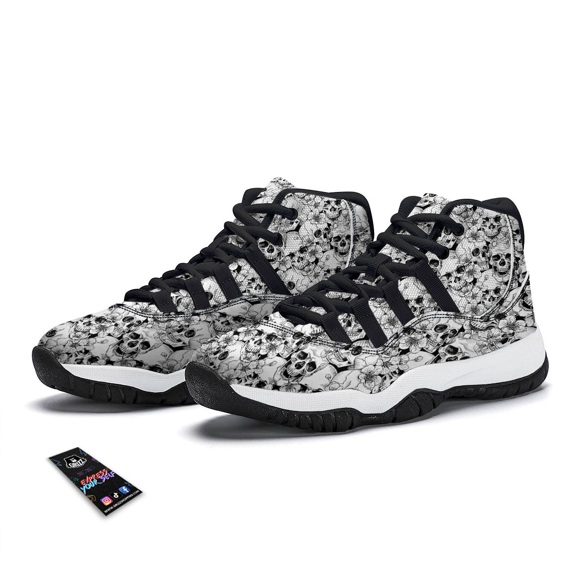 Skull Blossom Peony Print Pattern Black Bball Shoes-grizzshop