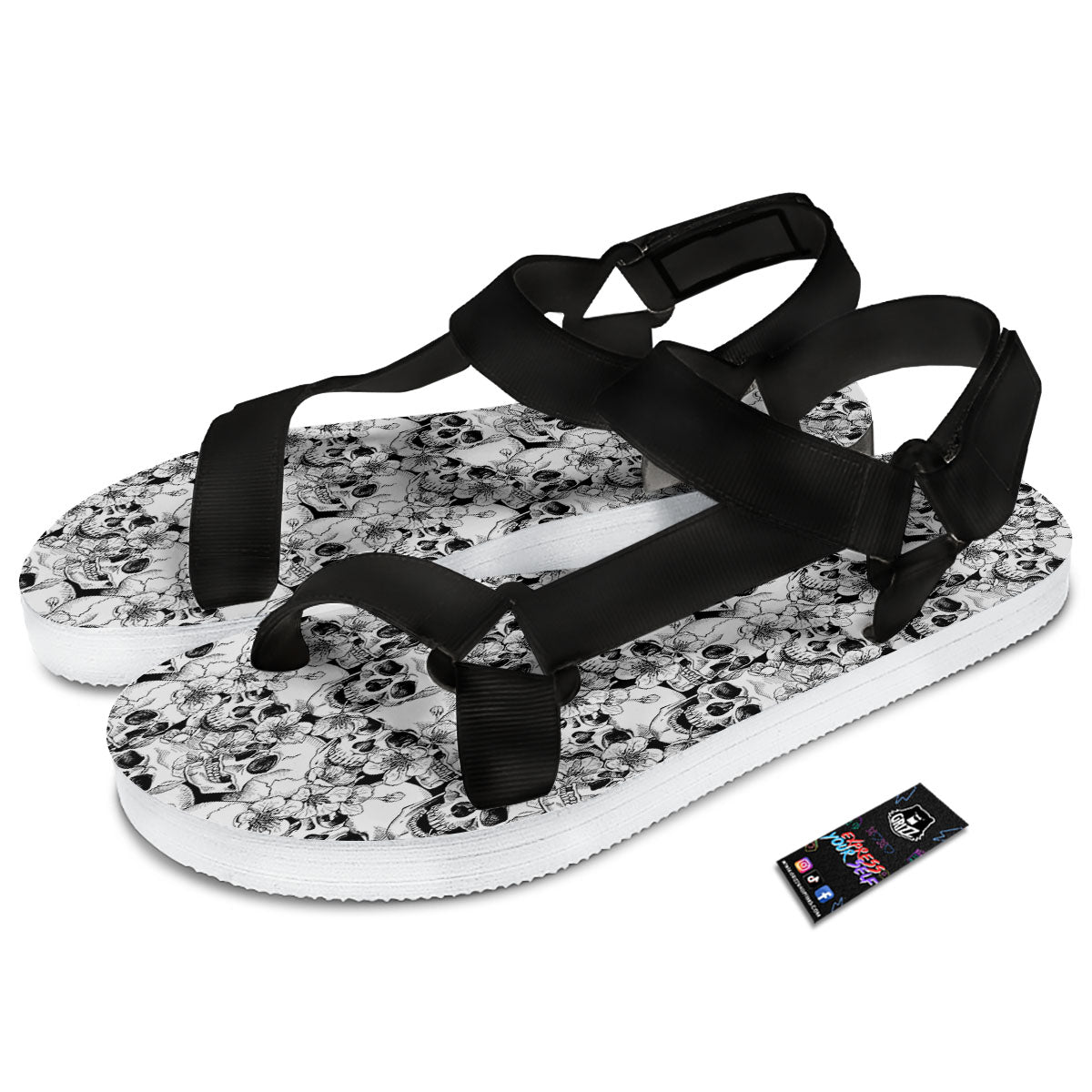 Skull Blossom Peony Print Pattern Black Open Toe Sandals-grizzshop
