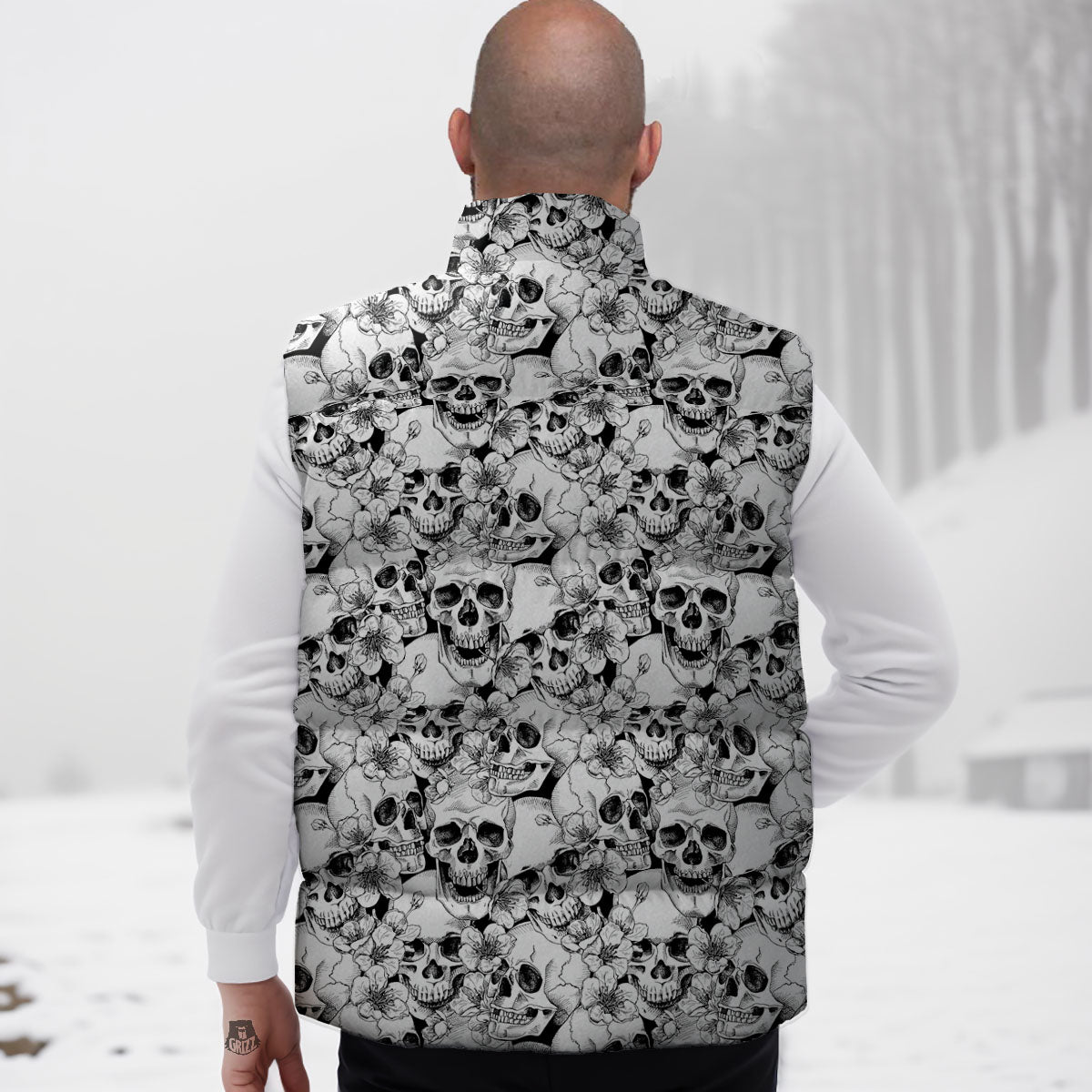 Skull Blossom Peony Print Pattern Down Vest