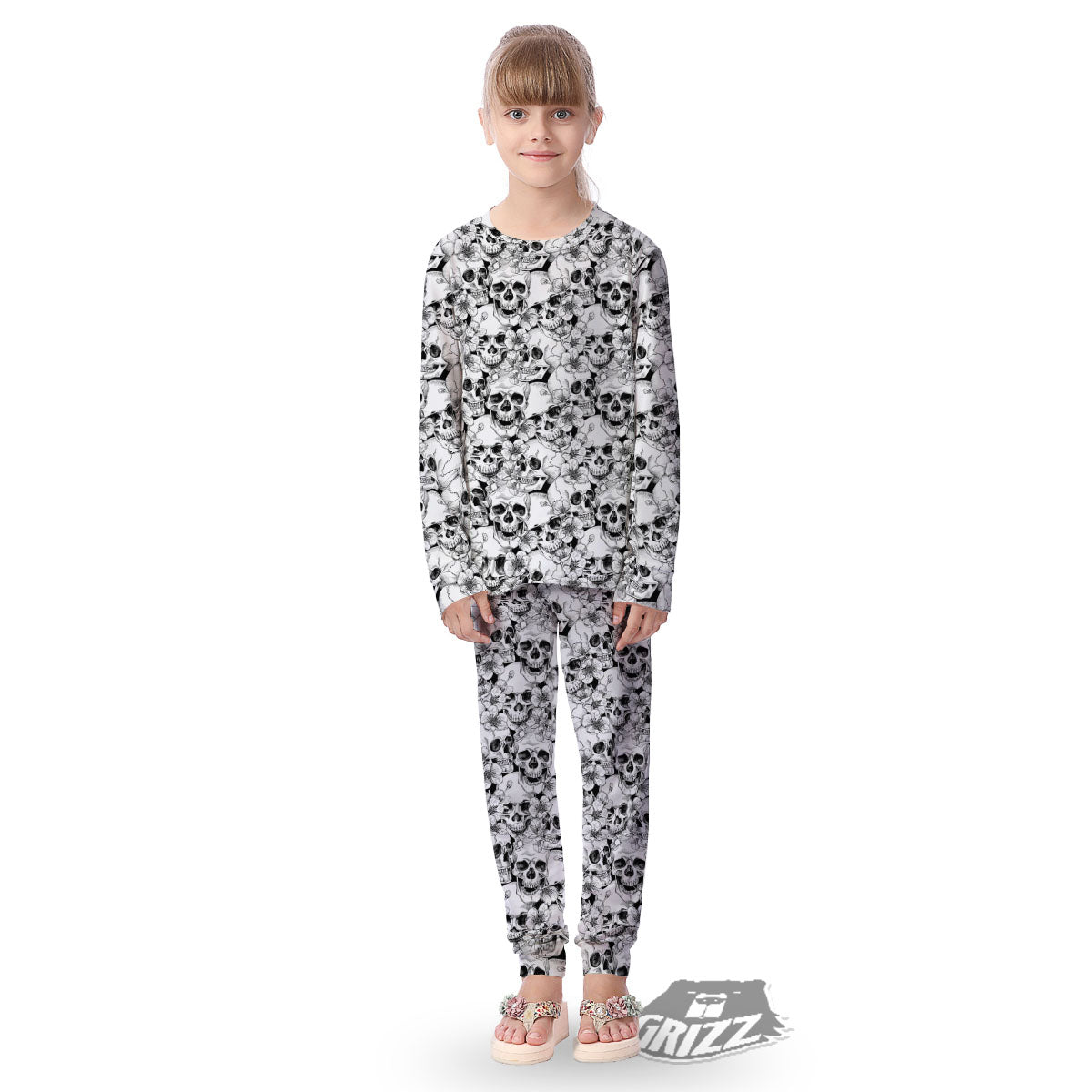 Skull Blossom Peony Print Pattern Kid's Pajamas-grizzshop