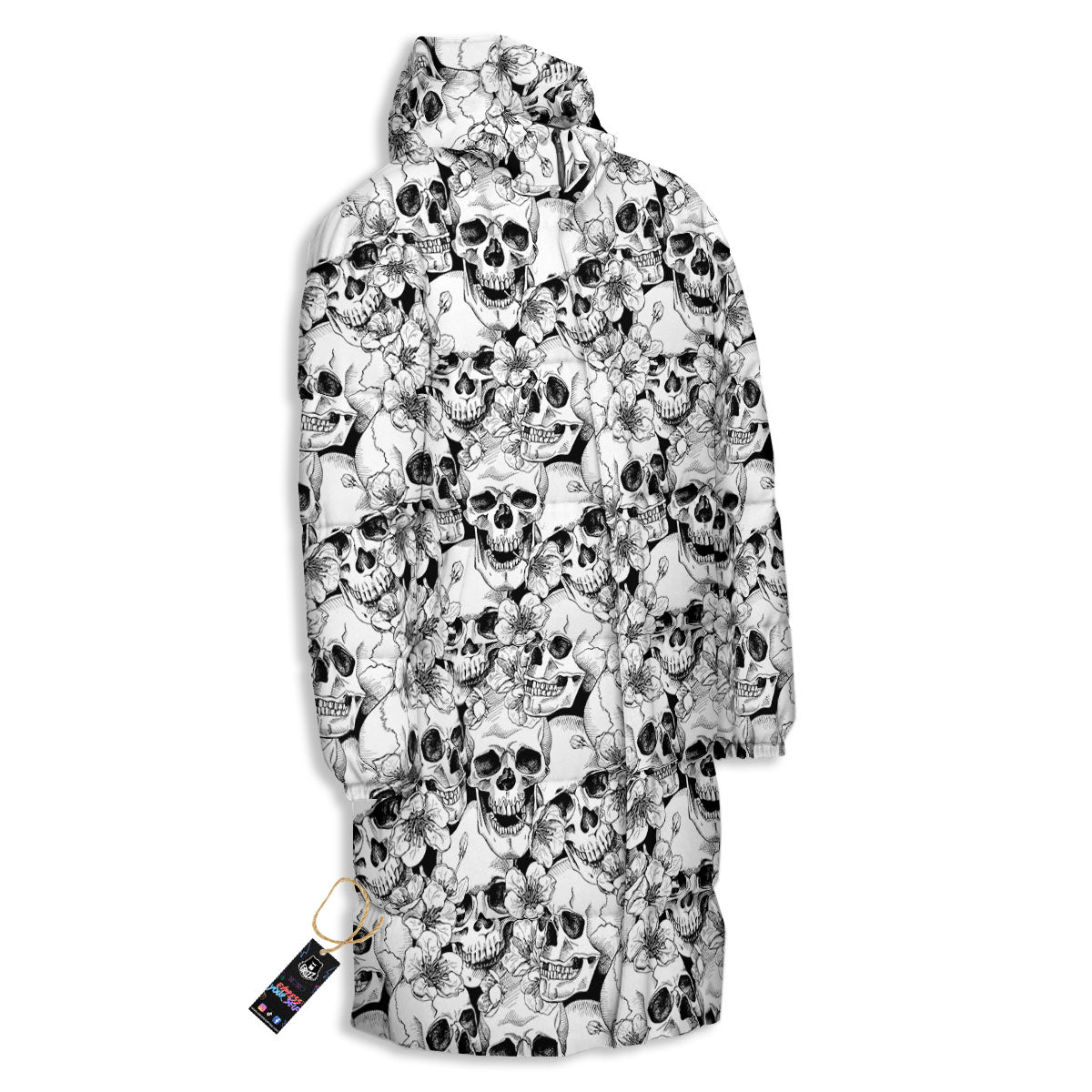 Skull Blossom Peony Print Pattern Long Down Jacket-grizzshop