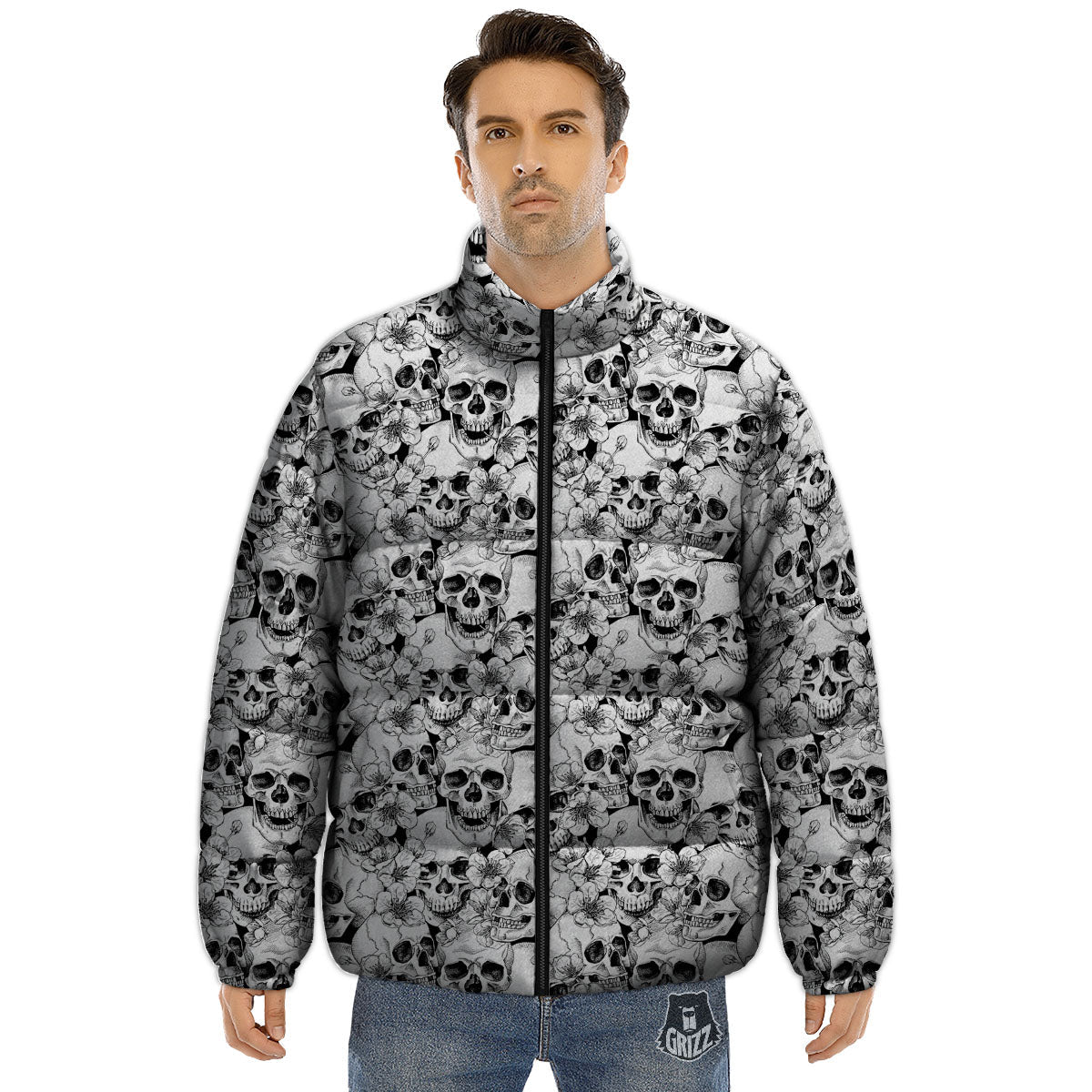 Skull Blossom Peony Print Pattern Puffer Jacket-grizzshop