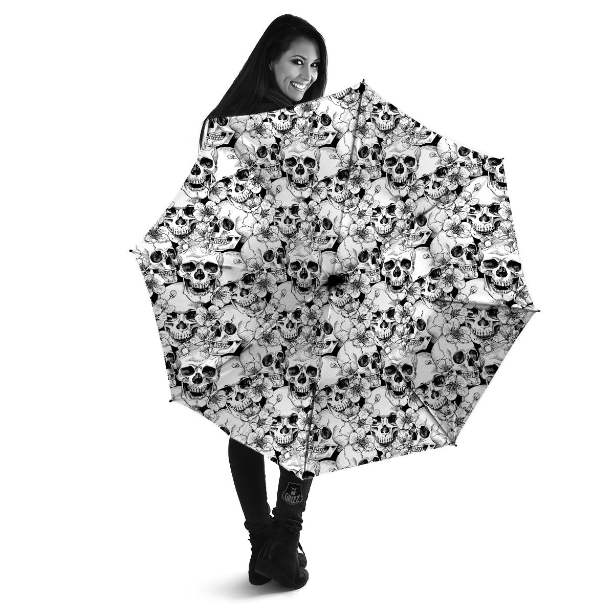 Skull Blossom Peony Print Pattern Umbrella-grizzshop